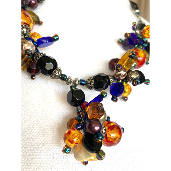 Amber Cobalt AB Black Faceted Star Art Necklace Cluster Beads 17" Gorgeous - Picture 2 of 7